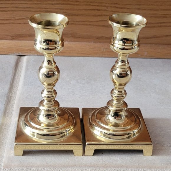 Pair of Vintage Georgian Polished Brass 5" Candle holders with Square Base New - Picture 4 of 12